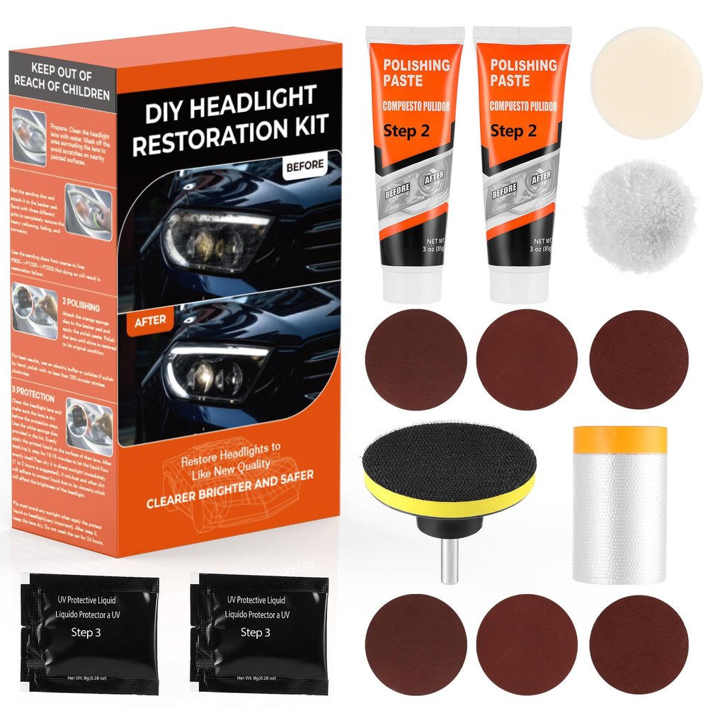 ISINFLASH Headlight Restoration Kit, Polish Restore Cleaner Clean Tool DIY Polishing, Sanding Discs, Scouring Pads for Electric Drill, 3 Easy Steps to Restore Sun Damaged Car Headlights Lens