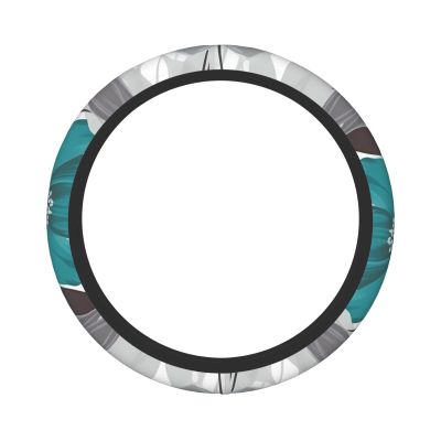 OUSIKA Teal Grey and White Floral Print Steering Wheel Cover Non-Slip Car Steering Wheel Covers Neoprene Elastic Car Steering Wheel Protector Cover Universal 15 Inch for Car Accessories, Black