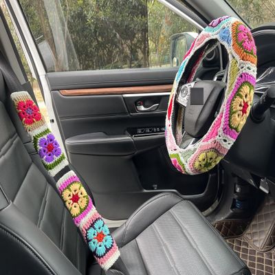YDMZZB Crochet Galsang Flower Car Steering Wheel Covers,Car Interior Accessories Decorations (B,Steering Wheel Cover+2 Belt Cover)