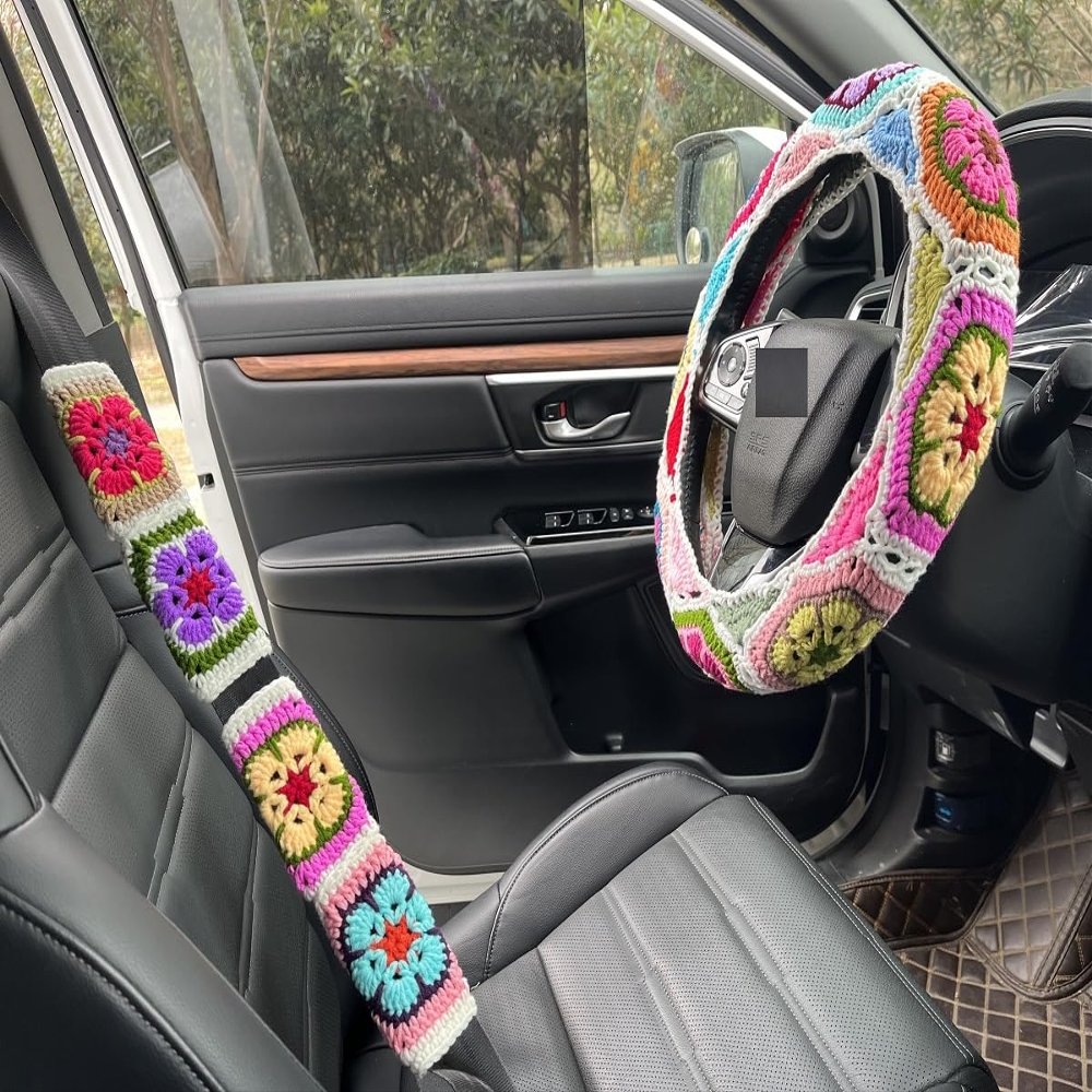 YDMZZB Crochet Galsang Flower Car Steering Wheel Covers,Car Interior Accessories Decorations (B,Steering Wheel Cover+2 Belt Cover)