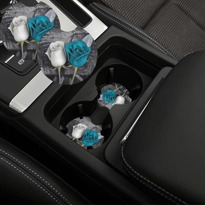 Teal Gray Rose Print Car Cup Holder Coasters 2 Pack Insert Drinks Car Coasters Anti Slip Absorbent Cup Holder Pad for Women Men Round Auto Cup Mat for Most Car Interior Accessories