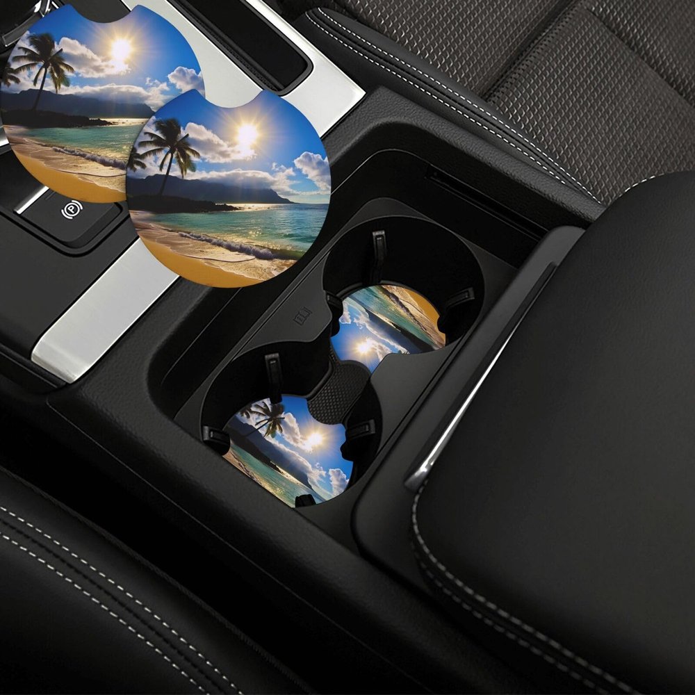 Hawaii Beach Print Car Cup Holder Coasters 2 Pack Insert Drinks Car Coasters Anti Slip Absorbent Cup Holder Pad for Women Men Round Auto Cup Mat for Most Car Interior Accessories