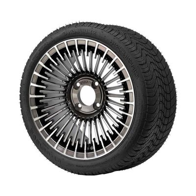 Hardcore Parts 14" Gunmetal 'PIRANHA' Golf Cart Wheels and 205/30-14 (20"x8"-14") DOT rated Low Profile tires - Set of 4, includes Chrome 'SS' center caps and 12x1.25 lug nuts