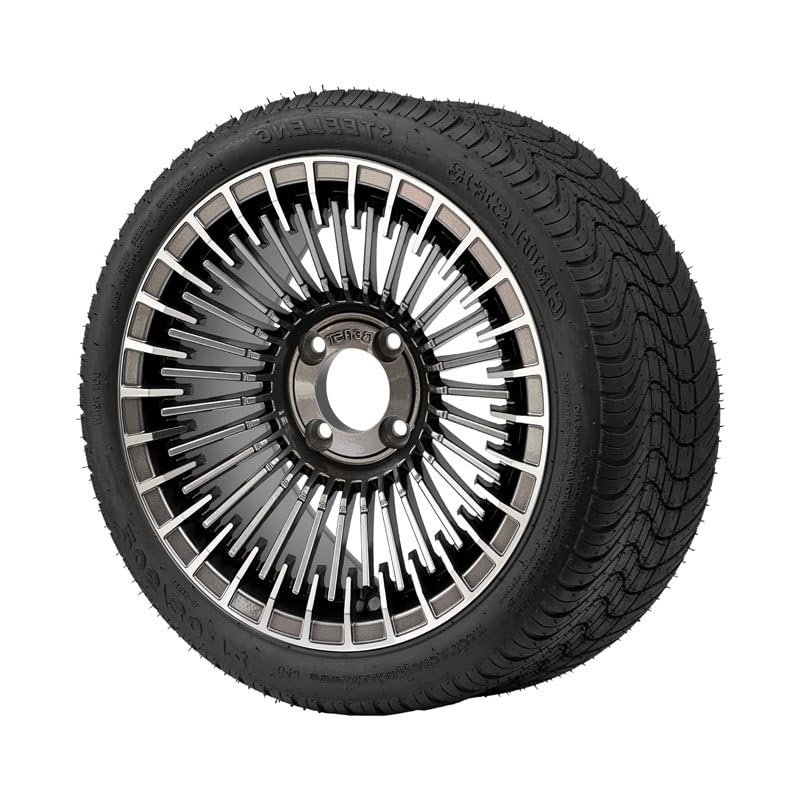 Hardcore Parts 14" Gunmetal 'PIRANHA' Golf Cart Wheels and 205/30-14 (20"x8"-14") DOT rated Low Profile tires - Set of 4, includes Chrome 'SS' center caps and 12x1.25 lug nuts