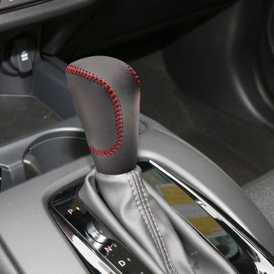 SUNBREATH Compatible with DIY Genuine Black Leather Gear Shift Knob Cover Interior Accessories Protective Decoration for Honda HR-V 2023 2024 2025 Red Stitches