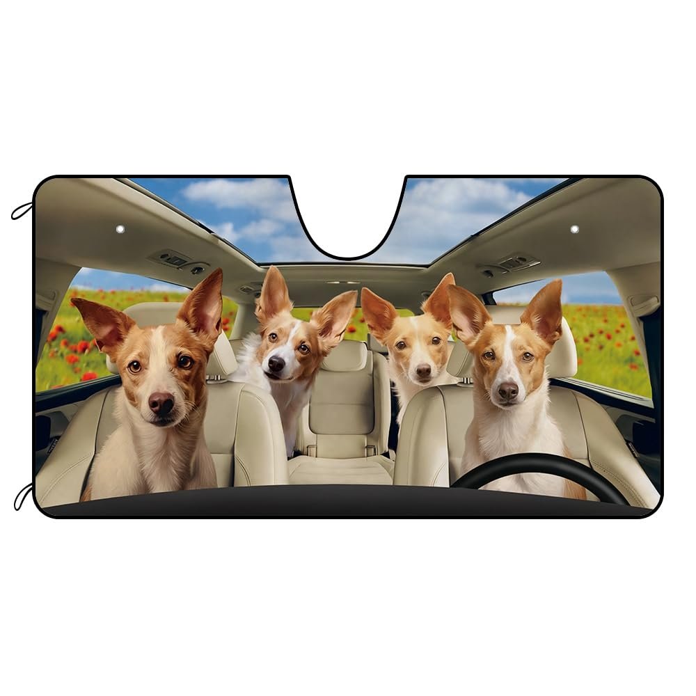 CafeTime Portuguese Podengo Pequeno Dog Group Car Front Windshield Sunshade Sea of Flowers Decor Vehicle Sun Shade Visor UV Ray Reflector Sun Protector, Keep Vehicle Cool, 55" x 30"