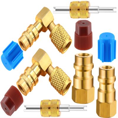 Yaocom R12 to R134A AC Fitting Conversion Adapter Kit, Quick Coupler Valve A/C 90 Port Retrofit Adapter High/Low Pressure with Valve Core Remover for AC Air Conditioner Refrigerant (Gold)