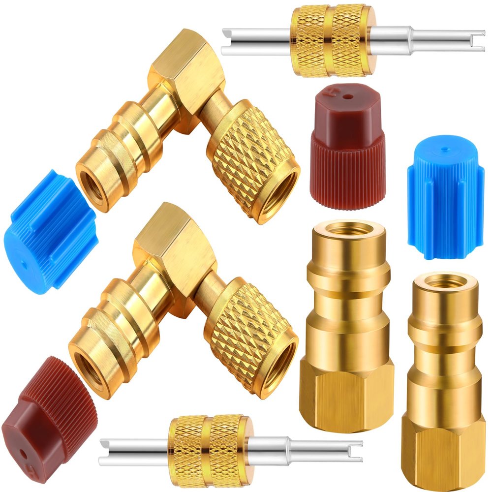 Yaocom R12 to R134A AC Fitting Conversion Adapter Kit, Quick Coupler Valve A/C 90 Port Retrofit Adapter High/Low Pressure with Valve Core Remover for AC Air Conditioner Refrigerant (Gold)