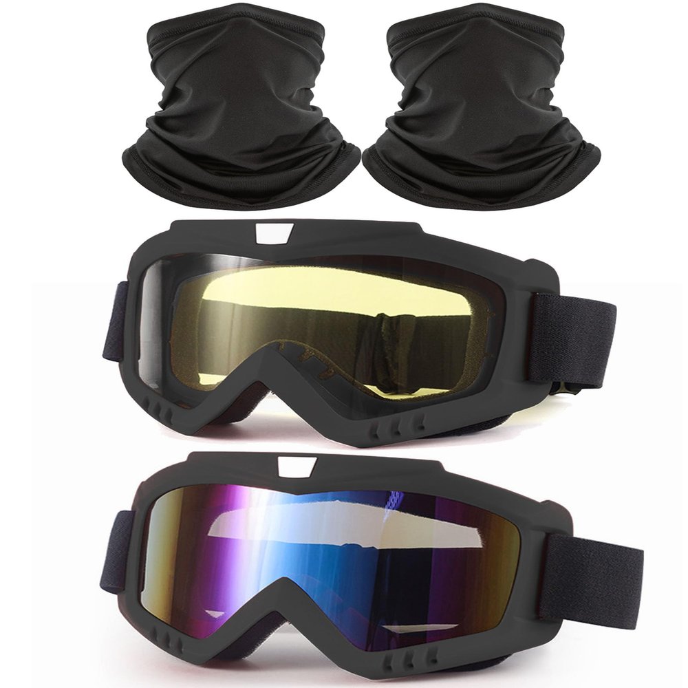 immoono 2 Pack Dirt Bike Goggles with Neck Gaiter, Motorcycle ATV Riding Ski Goggles Windproof Glasses Racing Goggles with Face Cover Scarf, Black Frame Colorful-Yellow Lens