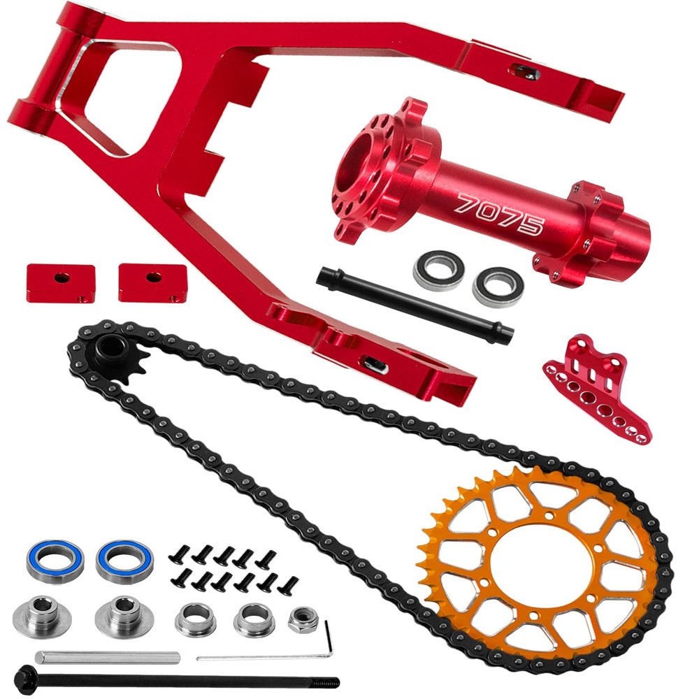 hopsupRC Steel Roller Chain&Rear Swing Arm&Rear Hub Chain Sprocket Gears&Front Sprocket&Chain Guard Protector&Rear Wheel Hub Hex Upgrades for L0Si 1/4 Promoto-MX Motorcycle RTR FXR,Red with Orange