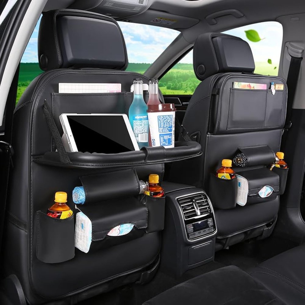TEDATATA Foldable Car Backseat Organizer, Multifunctional Leather Storage Bag, with Dining Table & 7 Storage Pockets, Protector Kick Mats, Easy to Clean