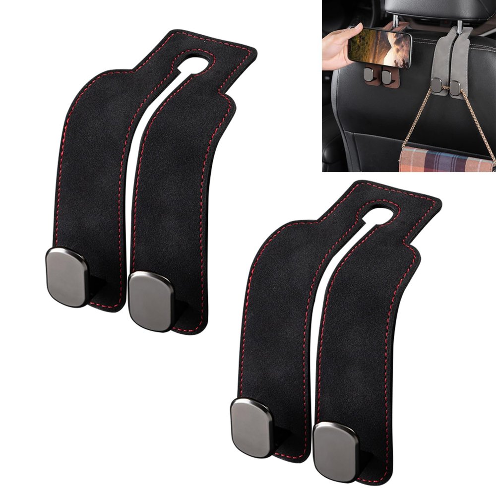 Ketson Car Headrest Hooks, Rear Seat Organizer, Leather Hooks for Wallets, Bags and Cell Phones (Black-2Pc)