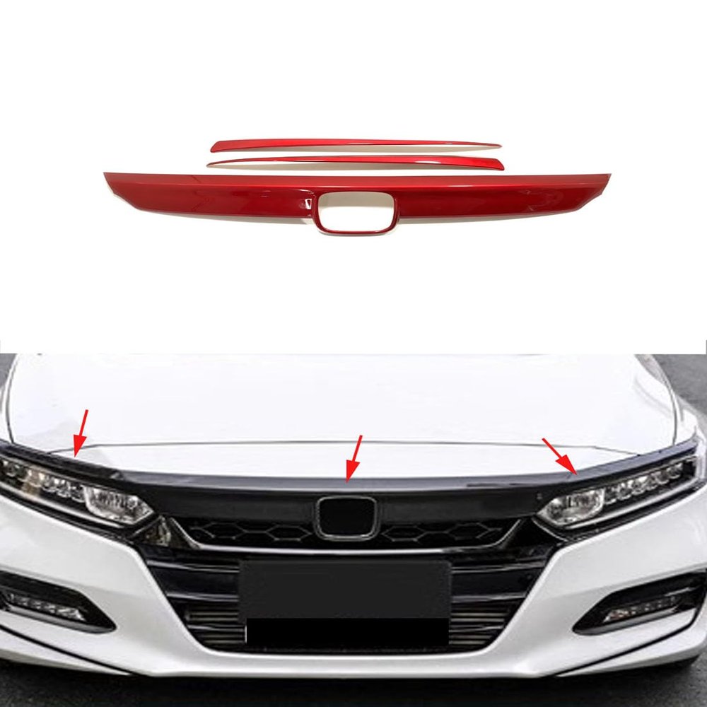 ANUNFRRE Car Accessories Fit For Honda Accord 10th Gen 2018 2019 2020 ABS Red Front Bumper Lip Upper Grill Molding Trim Cover + 2Pcs Eyelid Cover 3PCS Set