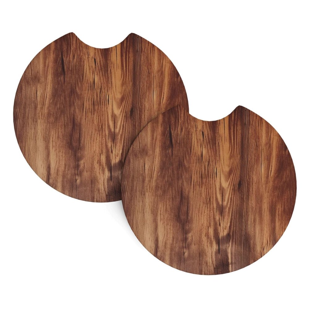 Car Cup Holder Coasters 2 Pack Brown Wood Grain Printed Waterproof Insert Car Coasters Cup Holder Pad with A Finger Notch for Most Vehicles