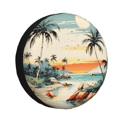 DXTKWL Spare Tire Cover 14 inch Vintage Tropical Palm Tree Beach Waterproof Dust-Proof Tire Covers Sun Protection Automotive Wheel Covers Fits for Trailers Cars Trucks RV Camper Jeep
