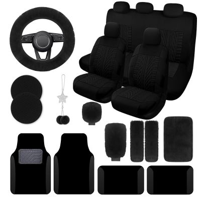 JINGSEN 21 Pcs Car Seat Covers Full Set for Women,Car Seat Covers for Car Floor Mats,3D Tyre Print with 5mm Composite Sponge Automotive Interior Universal Car Seat Cover,Accessories Full SUV(Black)