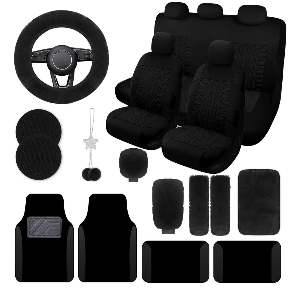 JINGSEN 21 Pcs Car Seat Covers Full Set for Women,Car Seat Covers for Car Floor Mats,3D Tyre Print with 5mm Composite Sponge Automotive Interior Universal Car Seat Cover,Accessories Full SUV(Black)