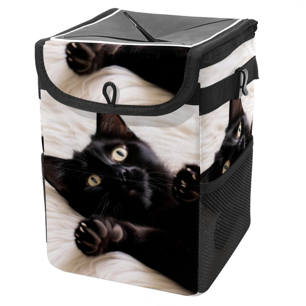 YTYVAGT Car Trash Can with Lid and Storage Pockets Leak-Proof Organizer,Multipurpose Trash Bin for Car,Black Cat Kitten