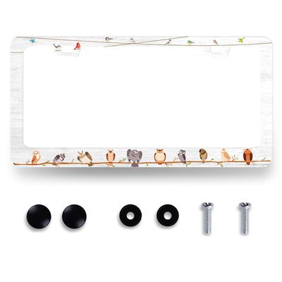 Cartoon Owls and Birds License Plate Frame Cute Animal License Plate Holder Personalise Auto Parts for Men Women Car Decoration Stainless Steel Funny License Plate with Screws 12.2" x 6.2"