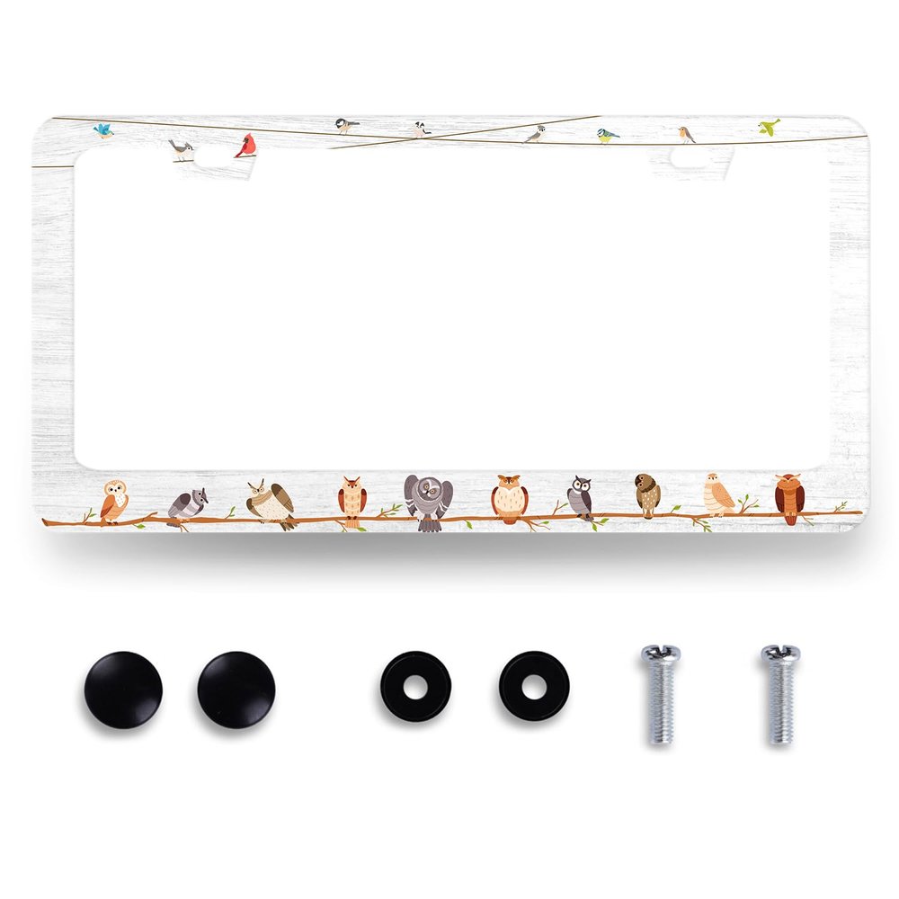 Cartoon Owls and Birds License Plate Frame Cute Animal License Plate Holder Personalise Auto Parts for Men Women Car Decoration Stainless Steel Funny License Plate with Screws 12.2" x 6.2"