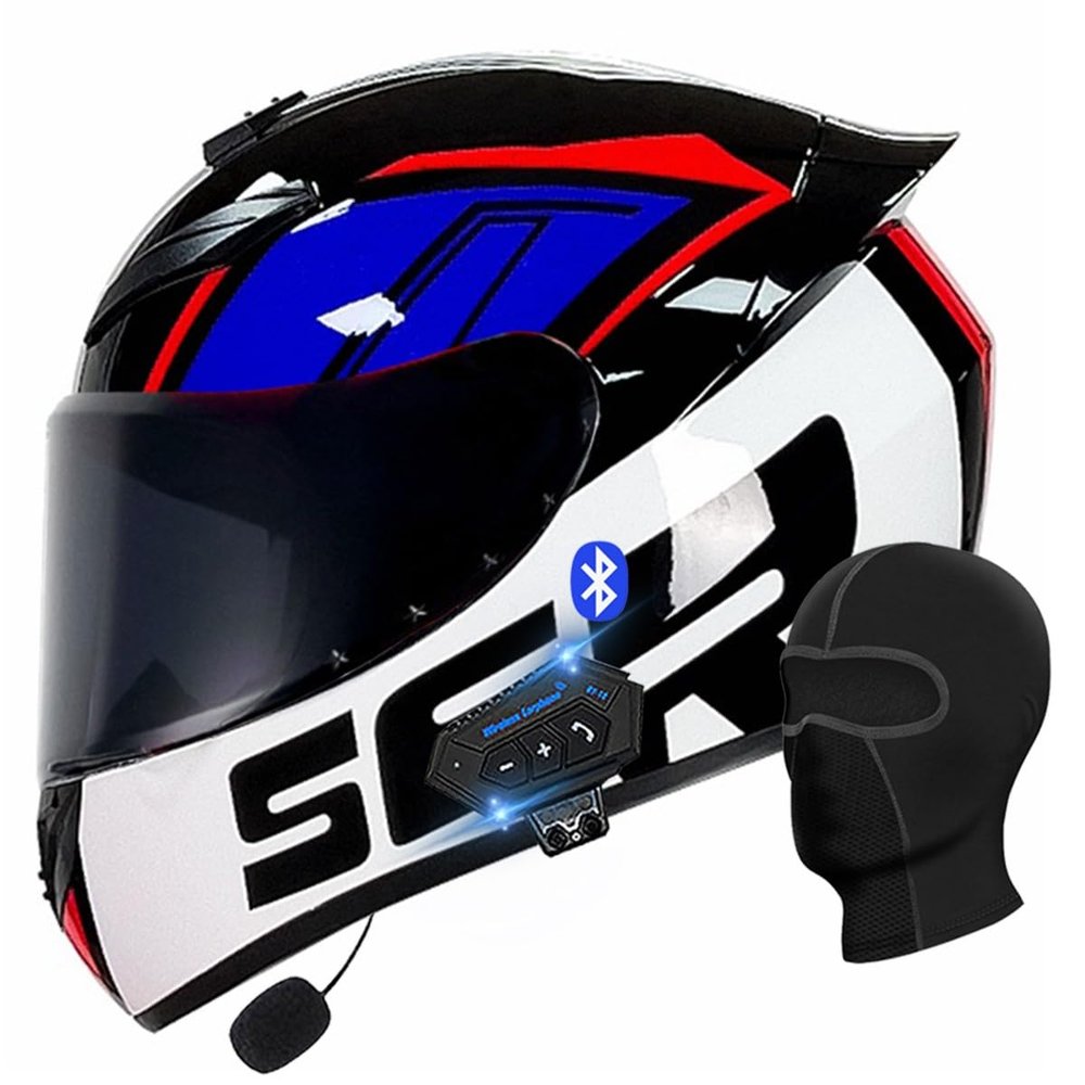 Motorcycle Bluetooth Full Face Helmet, Integrated Bluetooth Helmet, DOT/ECE Approved Full Face Flip Up Helmet, Multiple Vents Motorbike Helmet with Microphone for Adults 55-64CM