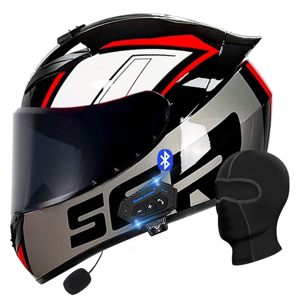 Motorcycle Bluetooth Full Face Helmet, Integrated Bluetooth Helmet, DOT/ECE Approved Full Face Flip Up Helmet, Multiple Vents Motorbike Helmet with Microphone for Adults 55-64CM