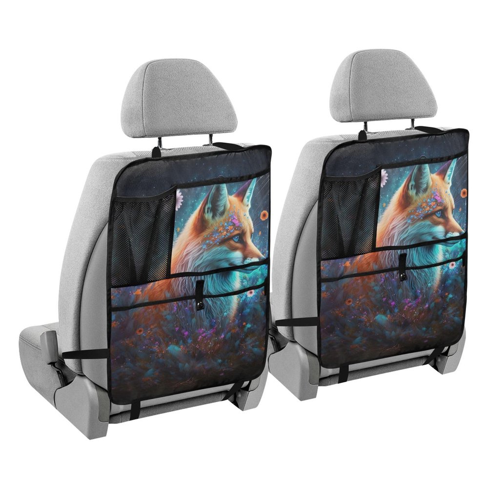 ZENWAWA Car Seat Back Organizer Fox in Flower Print, Seatback Protector with Pockets for Tablet Bottle Tissue Book, Auto Kick Mats 25x18 IN 2 Pack