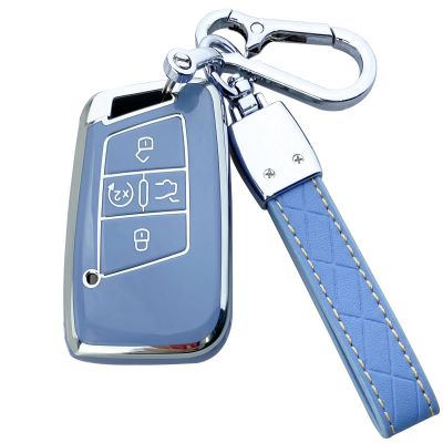 ShuDay Key Fob Cover Case Compatible with VW Atlas Arteon Golf Jetta Passat Tiguan Taos Skoda Kodiaq Superb Accessories (Blue)