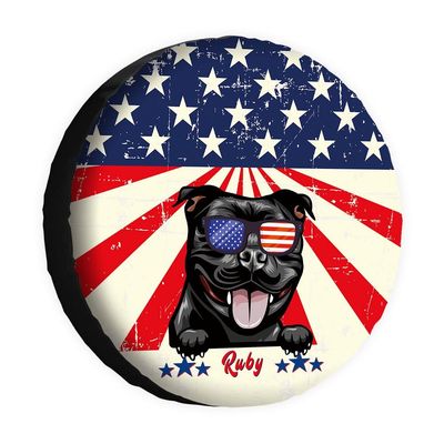 Cafetime Funny Stafforshire Bull Terrier Spare Tire Cover Retro American Flag Sunglasses with Dog Wheel Protectors Covers 14 Inch Universal for Rv SUV Truck Camper Travel Trailer