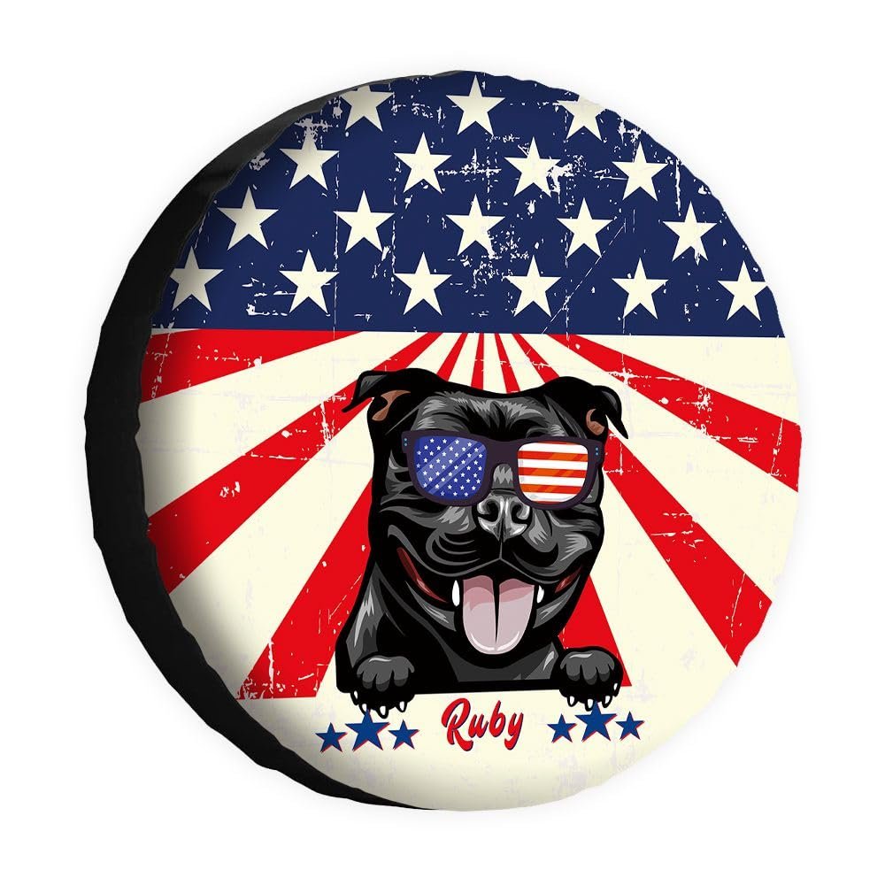 Cafetime Funny Stafforshire Bull Terrier Spare Tire Cover Retro American Flag Sunglasses with Dog Wheel Protectors Covers 14 Inch Universal for Rv SUV Truck Camper Travel Trailer