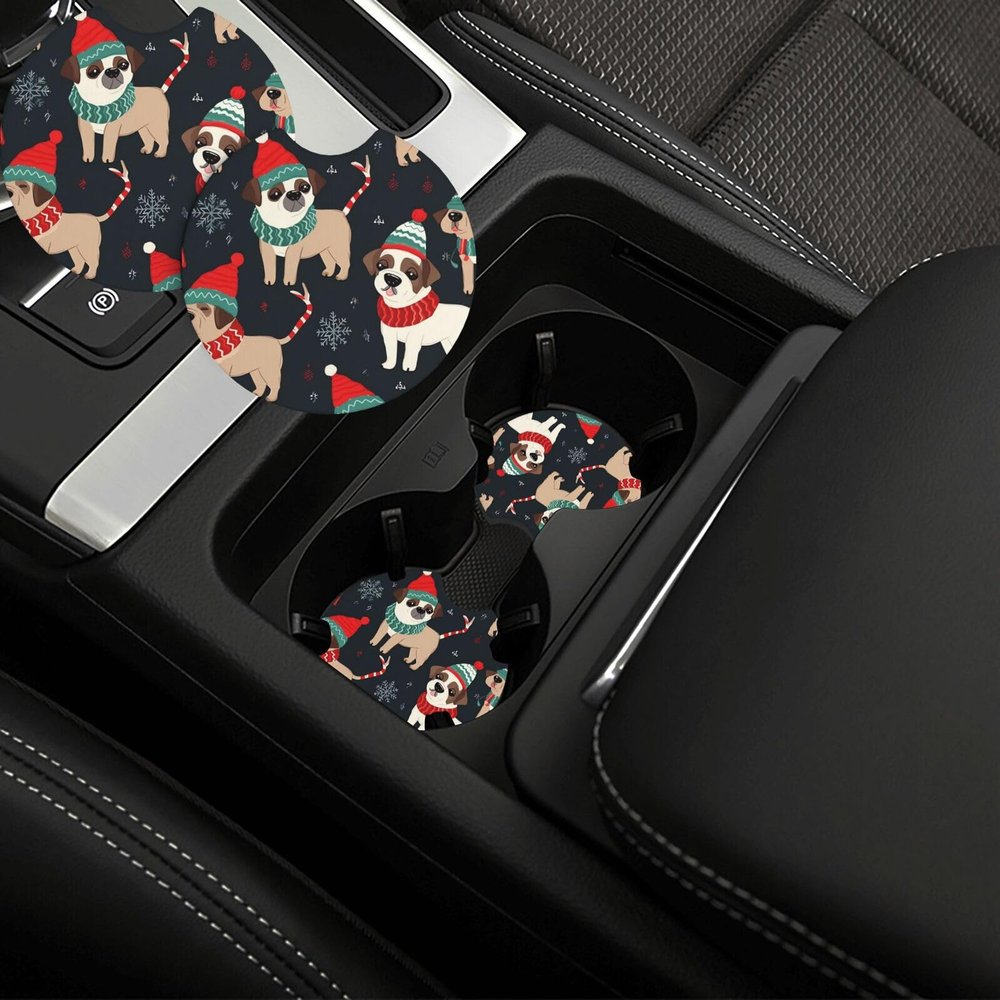 Car Cup Holder 2 Pack Merry Christmas Dog Absorbent Car Coasters Non-Slip Insert Cup Holder Pads Drink Mat Universal Car Interior Accessories for Most Vehicle