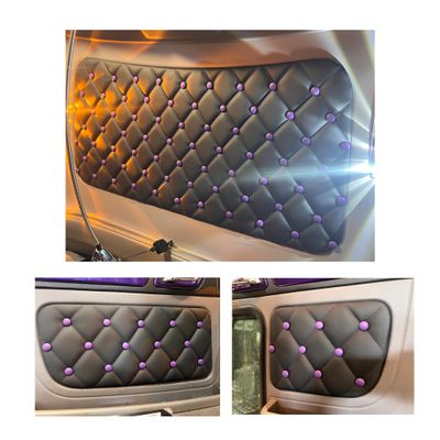 Peterbilt 365, 367, 386, 388, & 389 Leather Headliner and Door Insert Panels Set Black Leather Blue Stitching No Buttons Lights