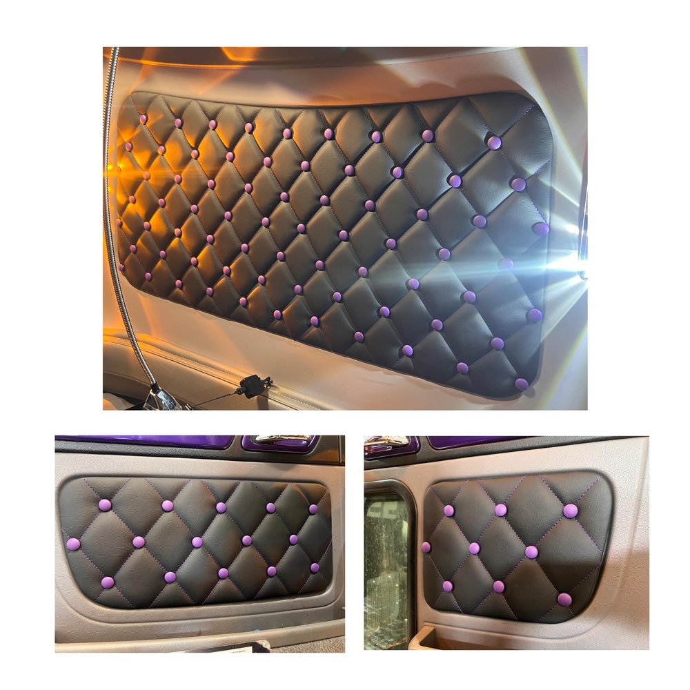 Peterbilt 365, 367, 386, 388, & 389 Leather Headliner and Door Insert Panels Set Black Leather Blue Stitching No Buttons Lights