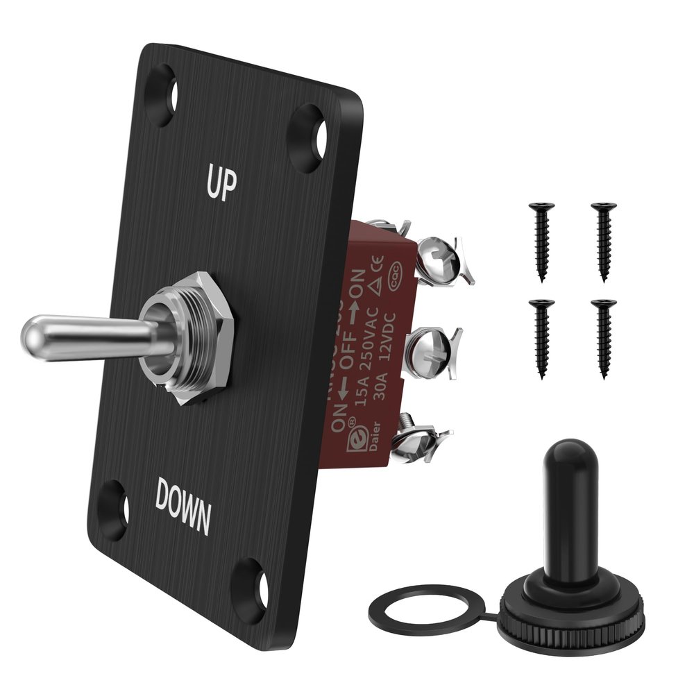 RVMARINEPAT Reverse Polarity Toggle Switch 12V 30A 6 Pin 3 Way ON/Off/ON DPDT Latching Switch Waterproof with Mounting Panel Cover, for Marine Car Auto RV Power Jack