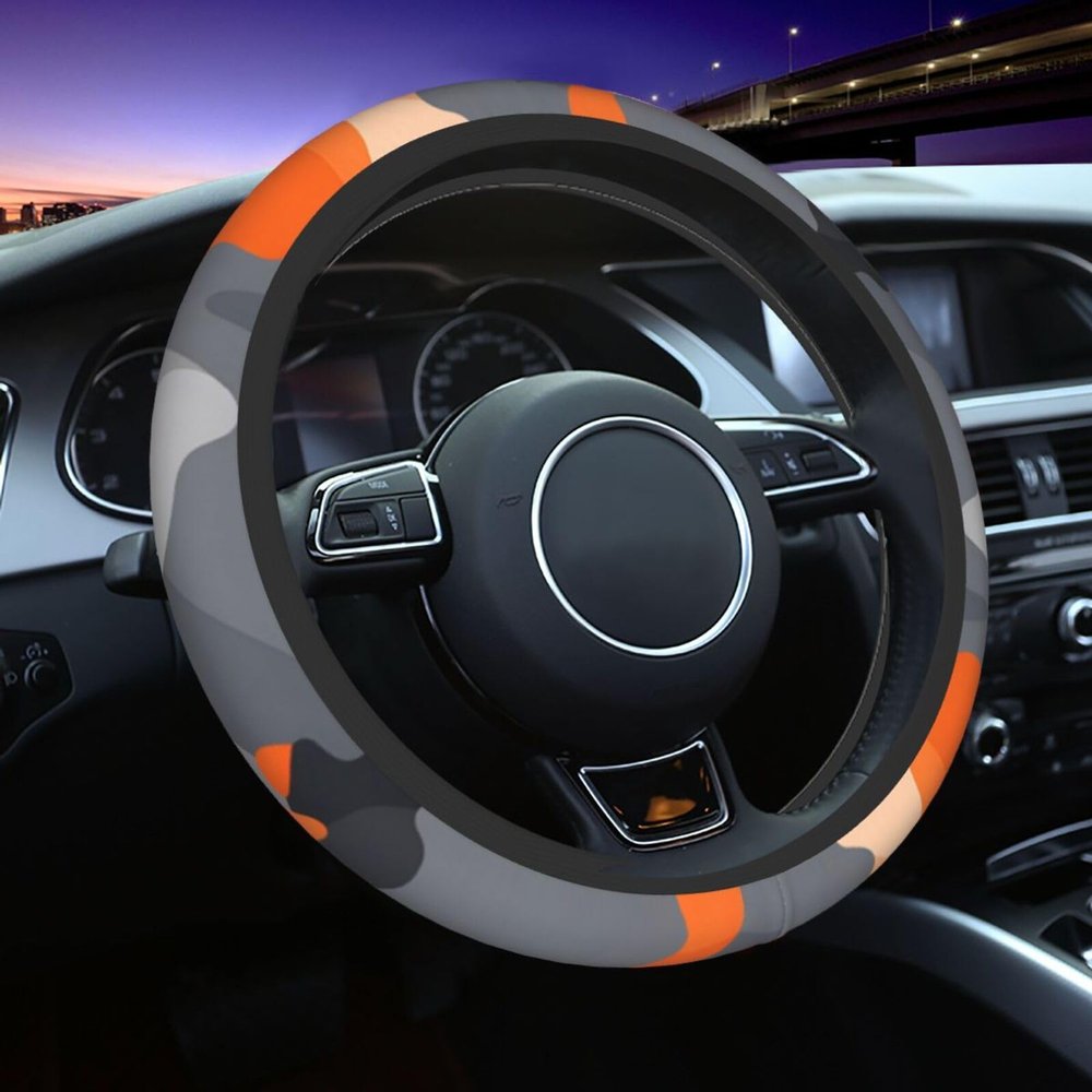 DXTKWL Orange Grey Black Camo Steering Wheel Cover Women Men 15 in Automotive Steering Wheel Covers Anti Slip Breathable Car Steering Wheel Cover Interior Accessories