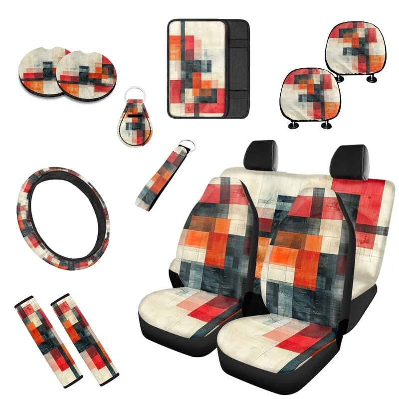 Garronmavis Graffiti Patterns Painting Car Seat Covers Full Set Gradient Pattern Headrest Cover Front Rear Seat Cover Abstract Art Steering Wheel Cover for SUV Trucks Vans