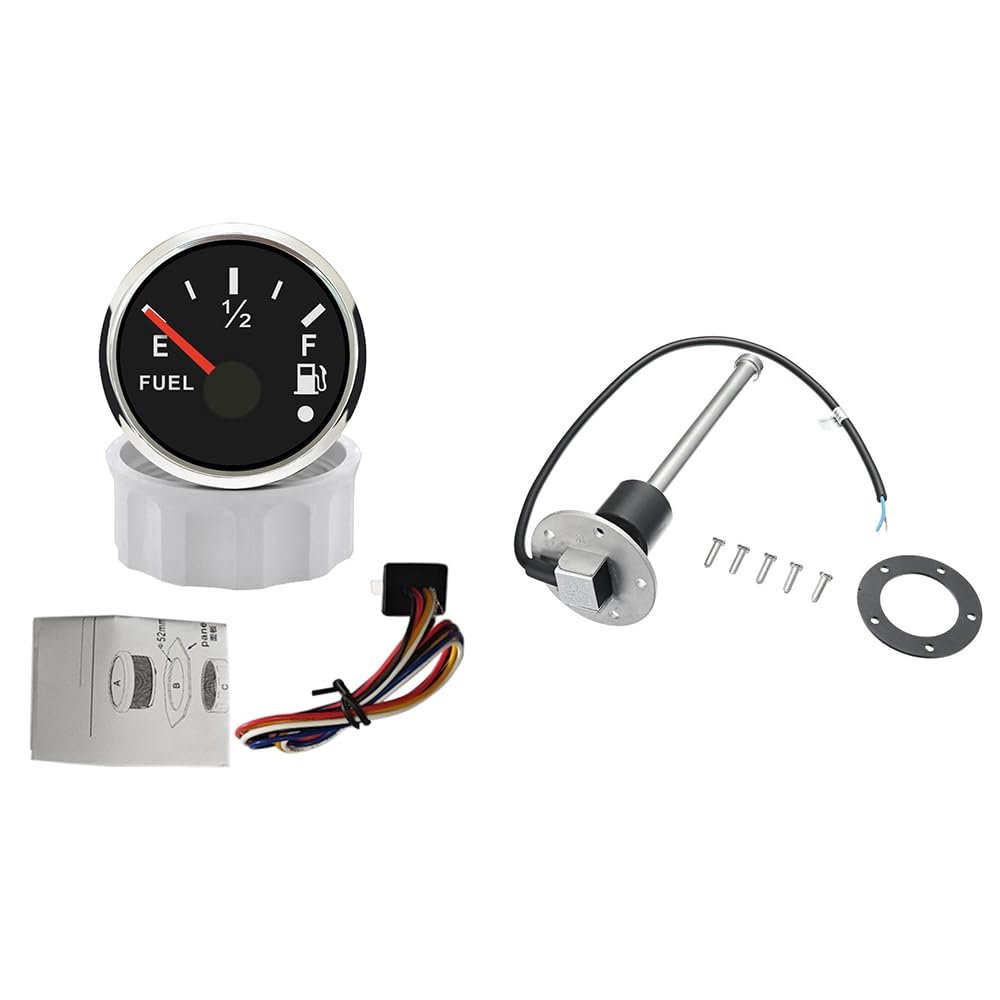 ELING 52mm Fuel Level Tank Gauge 0-190ohm Signal with Red Backlight Yellow Light Alarm 12Volt 24Volt for Car Racing Boat RV Fuel Level Sender Sending Unit 550mm Long