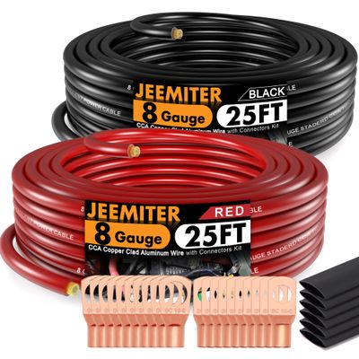 Jeemiter 8 AWG CCA Wire Kit - 50ft Total (25ft Red & 25ft Black) | Complete Power & Ground Cable for Car Audio, Solar, RV | with Lugs & Heat Shrink Tube