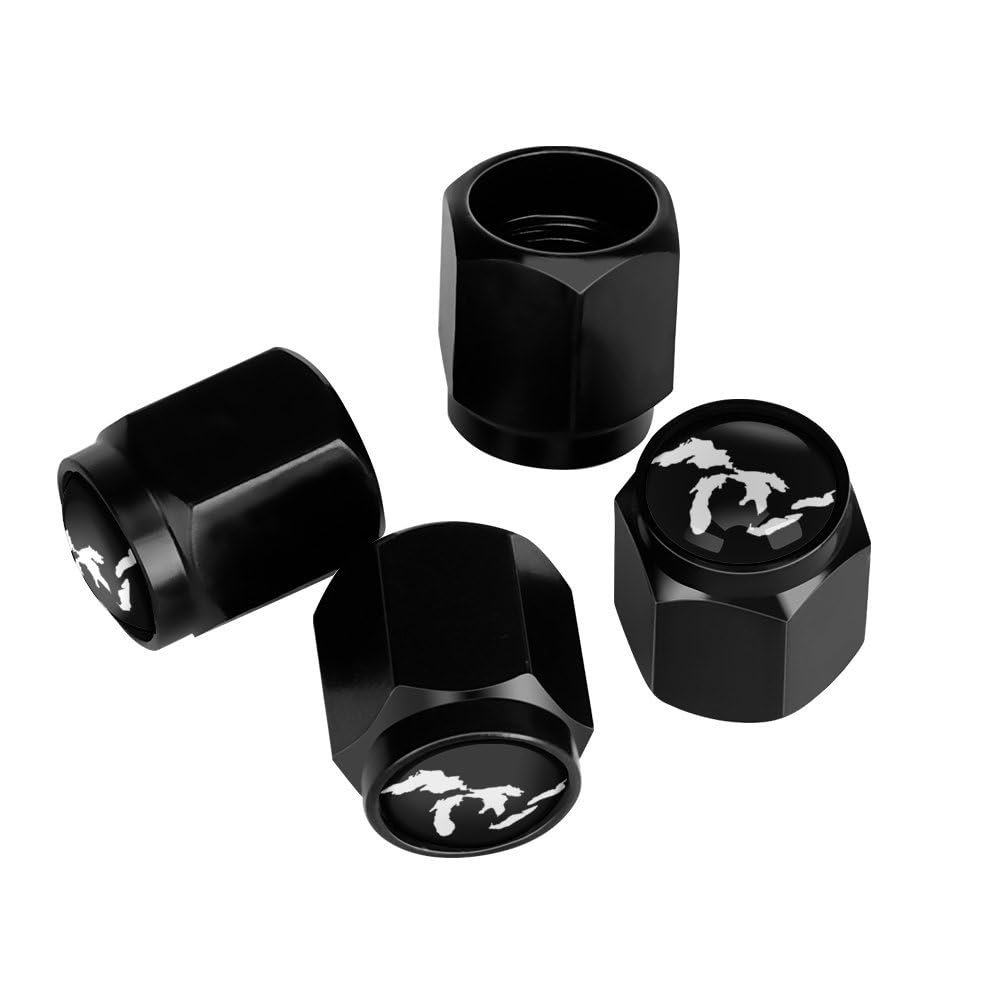 Muishi State of Michigan Great Lakes Tire Valve Stem Caps, Aluminum Black Stem Tire Valve Caps Universal Stem Covers for Cars, SUVs, Trucks, Bikes, Motorcycles, Bicycles (4 Pack)