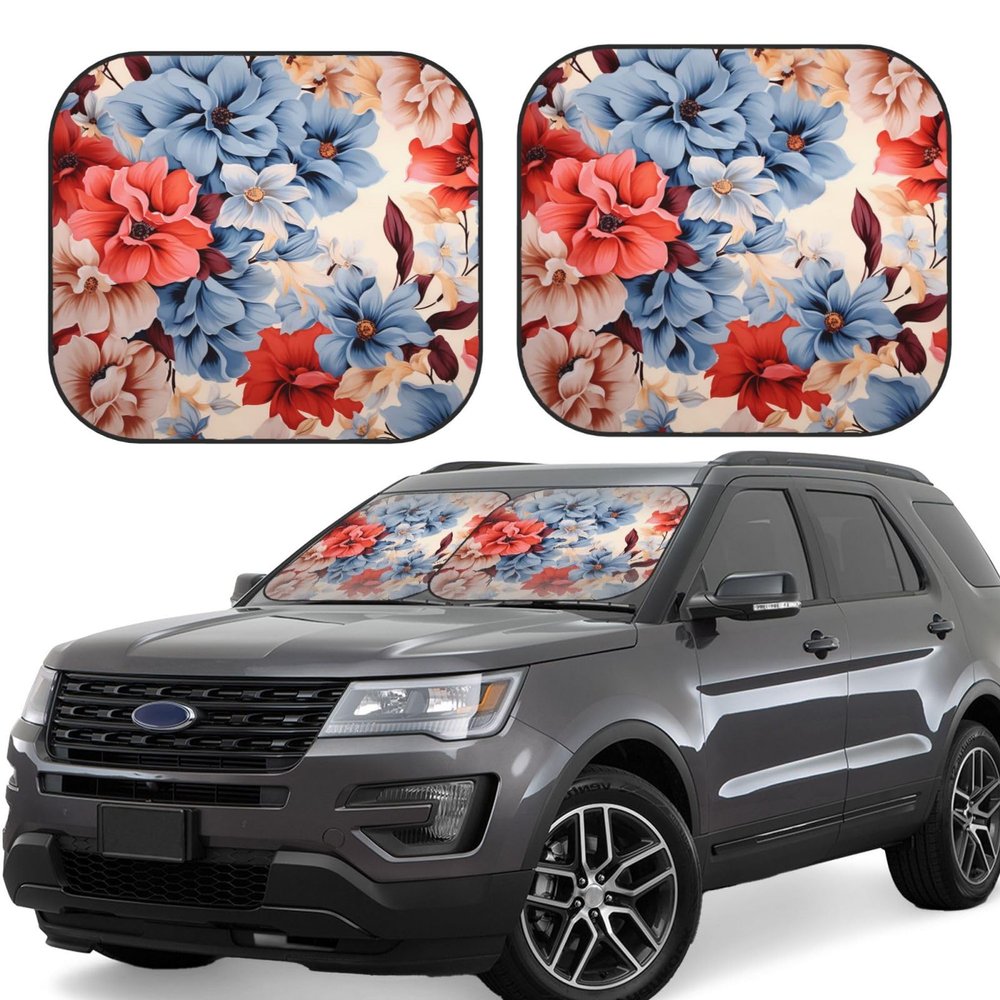 Floral Flower Print Car Windshield Sun Shade 2 Piece Foldable Front Window Sunshade Upgrade Sun Visor Car Reflective Sun Blocker Automotive Interior Sun Protection for Car Truck SUV