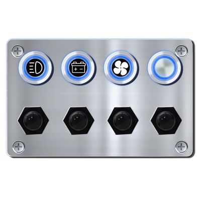 Ambuker 4 Gang 12V Momentary Push Button Switch Panel Antioxidant Aluminum with Blue Light Self-Locking Switches and Manual Reset Circuit Breakers Waterproof Panel for Marine Yacht RV Car Truck