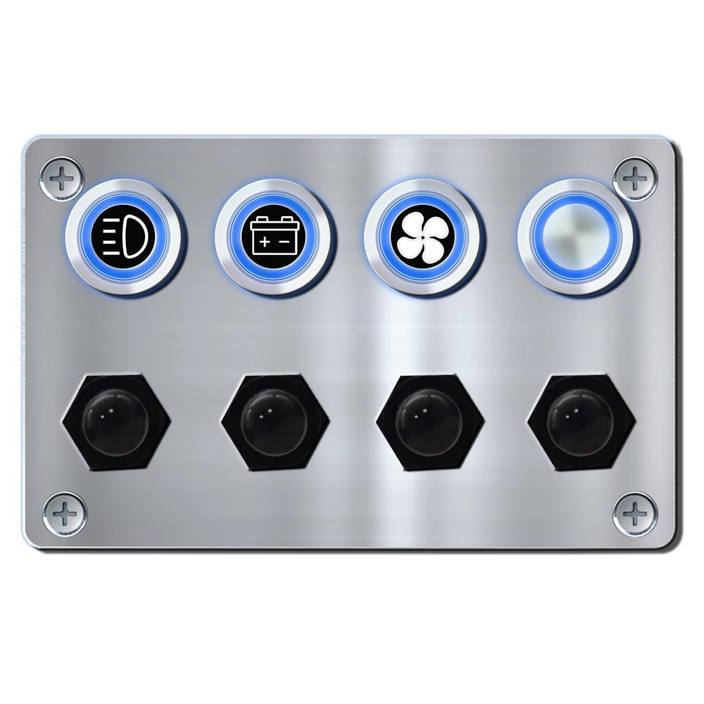 Ambuker 4 Gang 12V Momentary Push Button Switch Panel Antioxidant Aluminum with Blue Light Self-Locking Switches and Manual Reset Circuit Breakers Waterproof Panel for Marine Yacht RV Car Truck