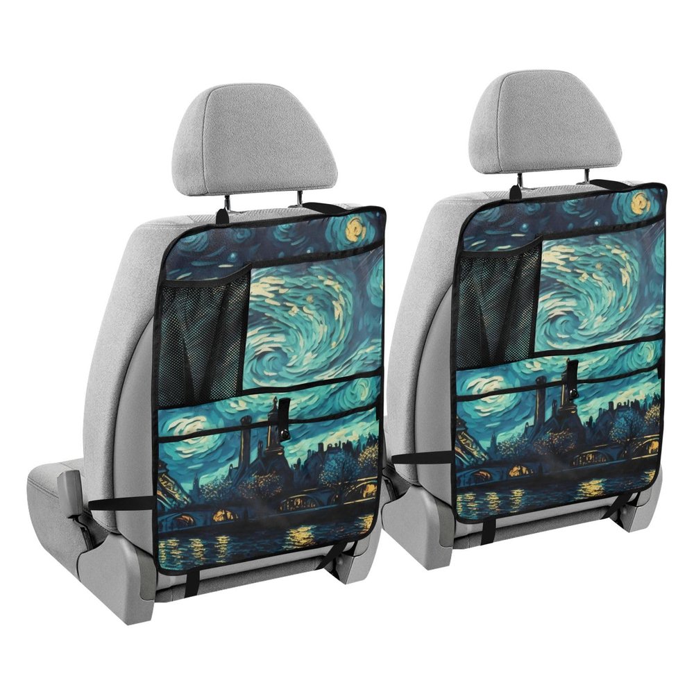 ZENWAWA Car Seat Back Kick Mats Van Gogh Paris Night Print, Seatback Protector with Pockets for Tablet Bottle Tissue Book, Auto Storage Organizers 25x18 IN 2 Pack
