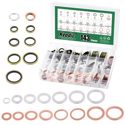 Keadic 143Pcs Oil Drain Plug Gaskets Washer Assortment Set, 11026-01M02, N0138157 Oil Crush Washers Seals Kit for Automotive