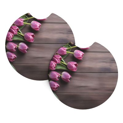 DXTKWL Car Coasters for Cup Holders, Purple Tulip Wooden Texture Absorbent Neoprene Coaster 2 Pack, Drink Coaster Car Accessories for Women Men, Automotive Interior Gifts