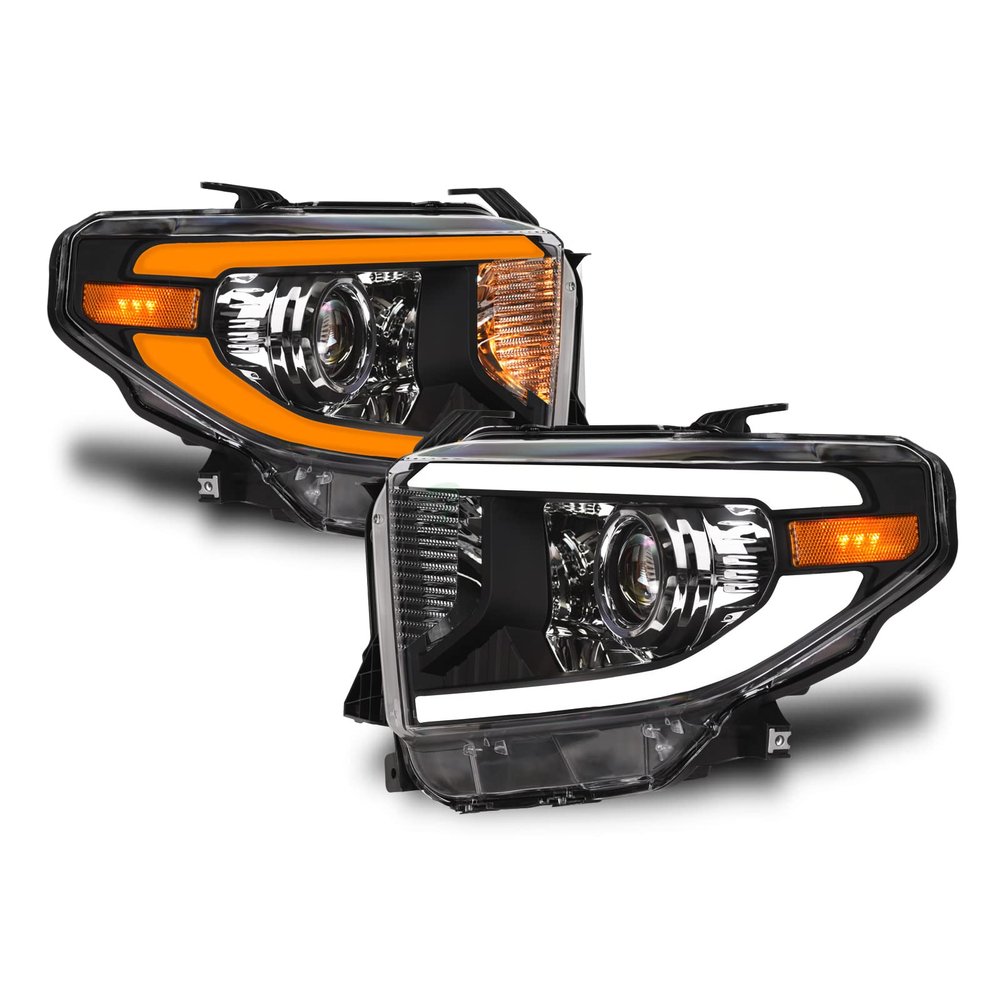 HS Power Switchback Sequential LED Projector Headlights Black Housing- Compatible With 2014-2021 Toyota Tundra SR SR5 Limited TRD Pro Double Cab Models With Level Adjuster High Intensity LED DRL Lamps