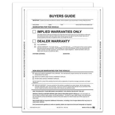 MotorCart Basics Interior Buyer's Guide Implied Warranty - Peel and Apply - No Lines, 1-Part, Self-Adhesive Print in Black and Gray Ink, 8.5"" x 11"" - Pack of 100, White