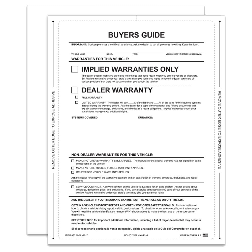 MotorCart Basics Interior Buyer's Guide Implied Warranty - Peel and Apply - No Lines, 1-Part, Self-Adhesive Print in Black and Gray Ink, 8.5"" x 11"" - Pack of 100, White