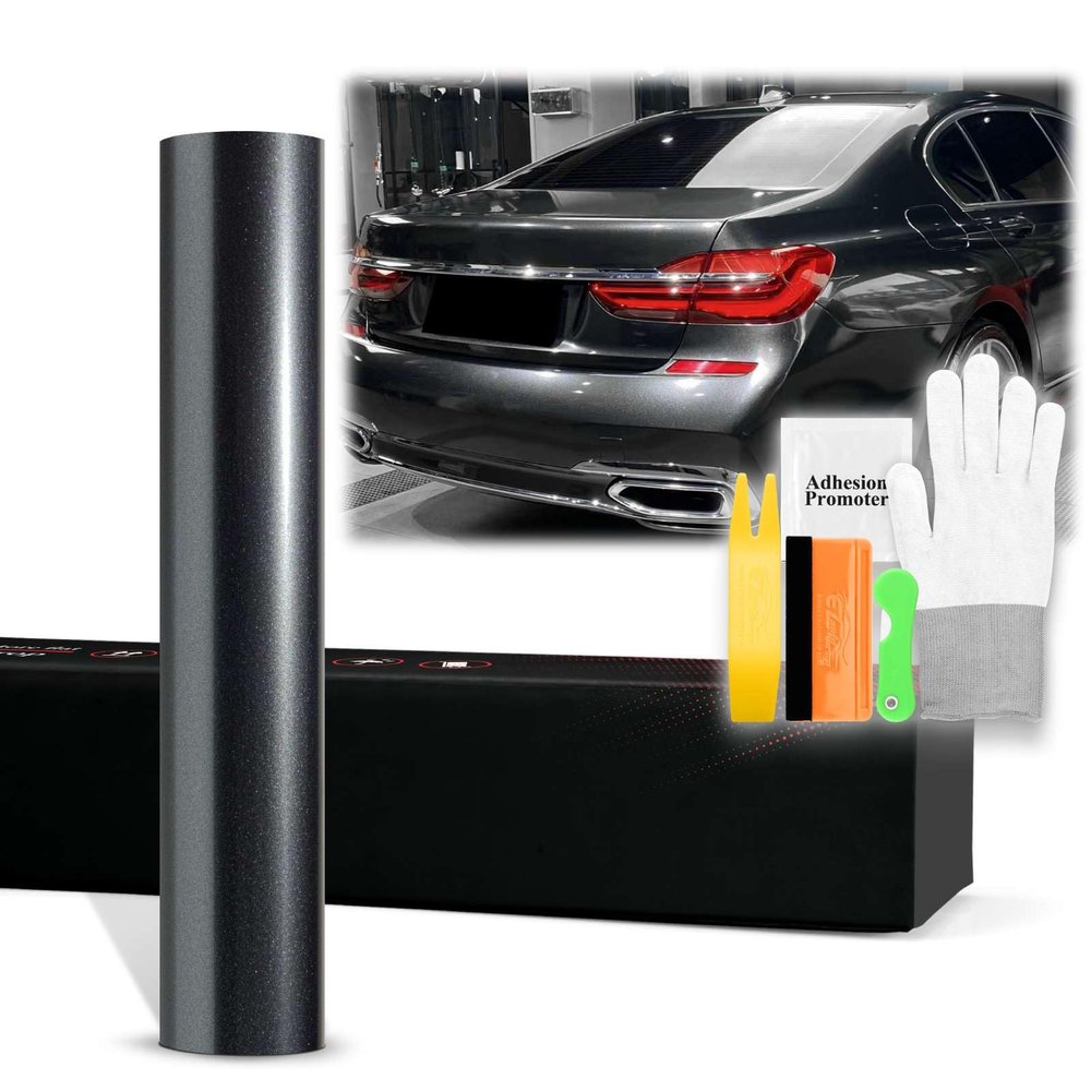 60"x180" (5FTx15FT) Shadow Gray PET Super Gloss Metallic High Glossy Vinyl Wrap Auto Car Sticker Decal Film Sheet Bubble Free Air Release Technology with Tool Kit