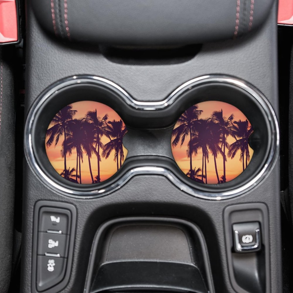 Summer Coconut Tree Car Coasters for Cup Holders, 2 Pack Palm Tree Cup Holders Universal Anti Slip Car Assecories Cup Mat with A Finger Notch for Women Wen